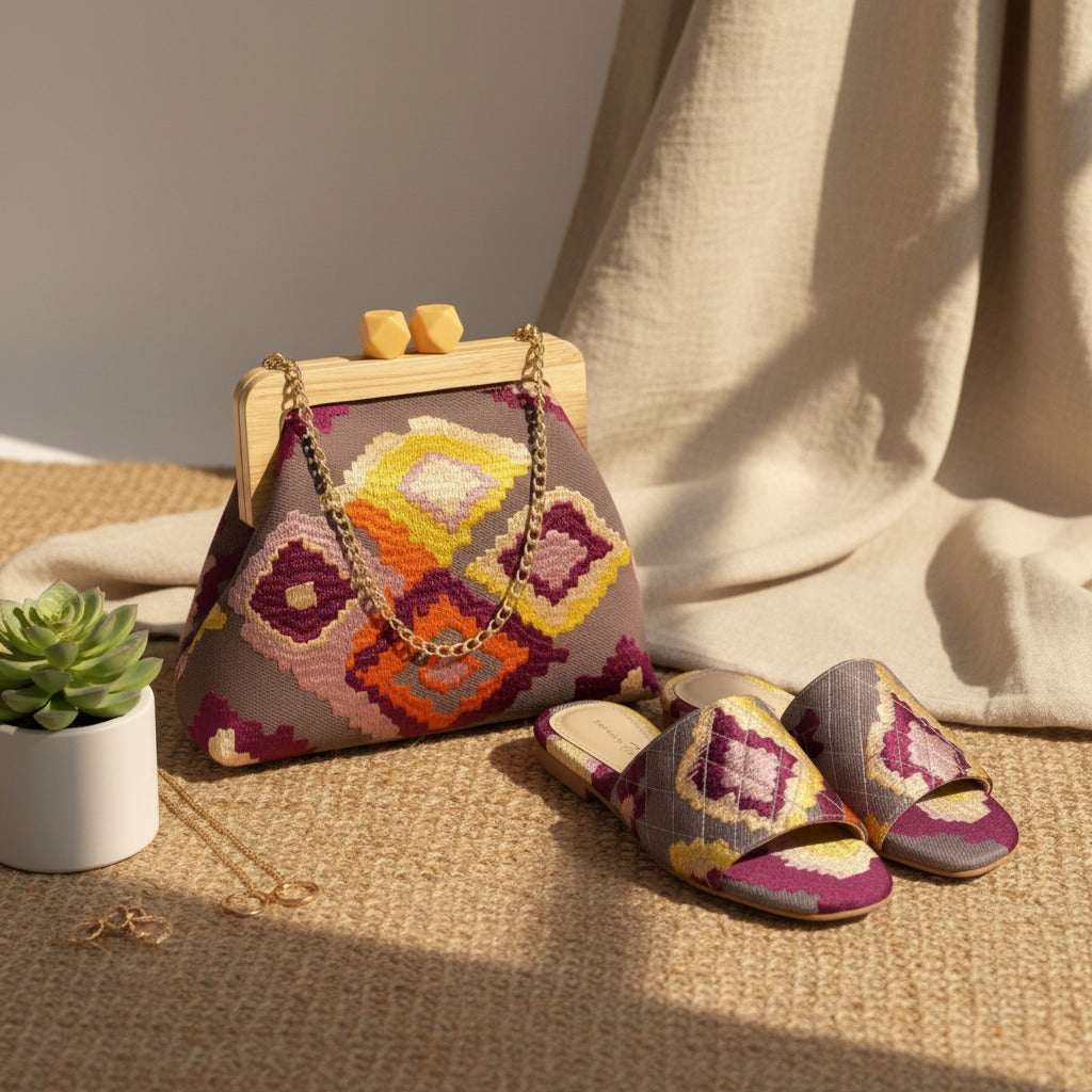 Decorative handbag and slippers with geometric patterns on a textured surface