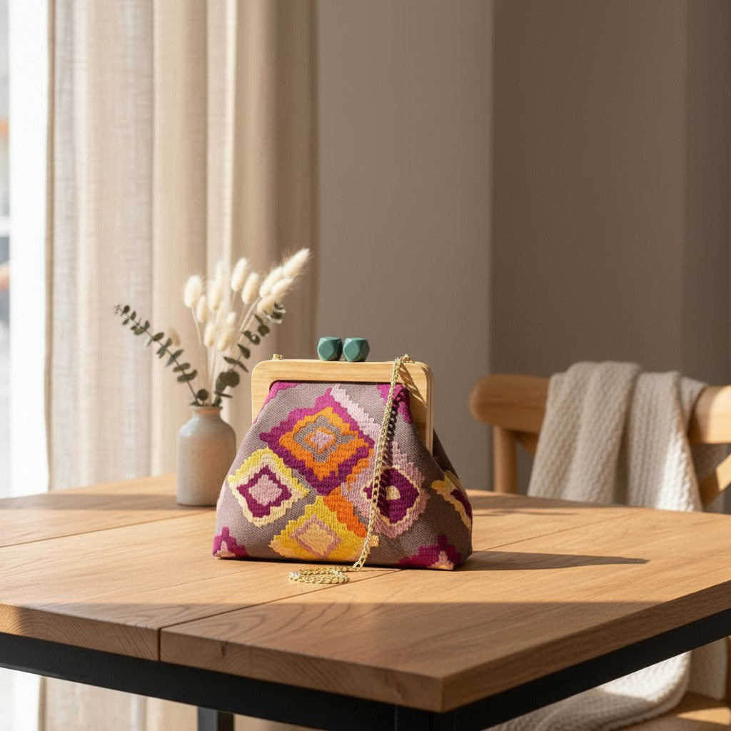Boho pattern handmade crochet bag with wooden handles, Jack Gifts Online Lebanon