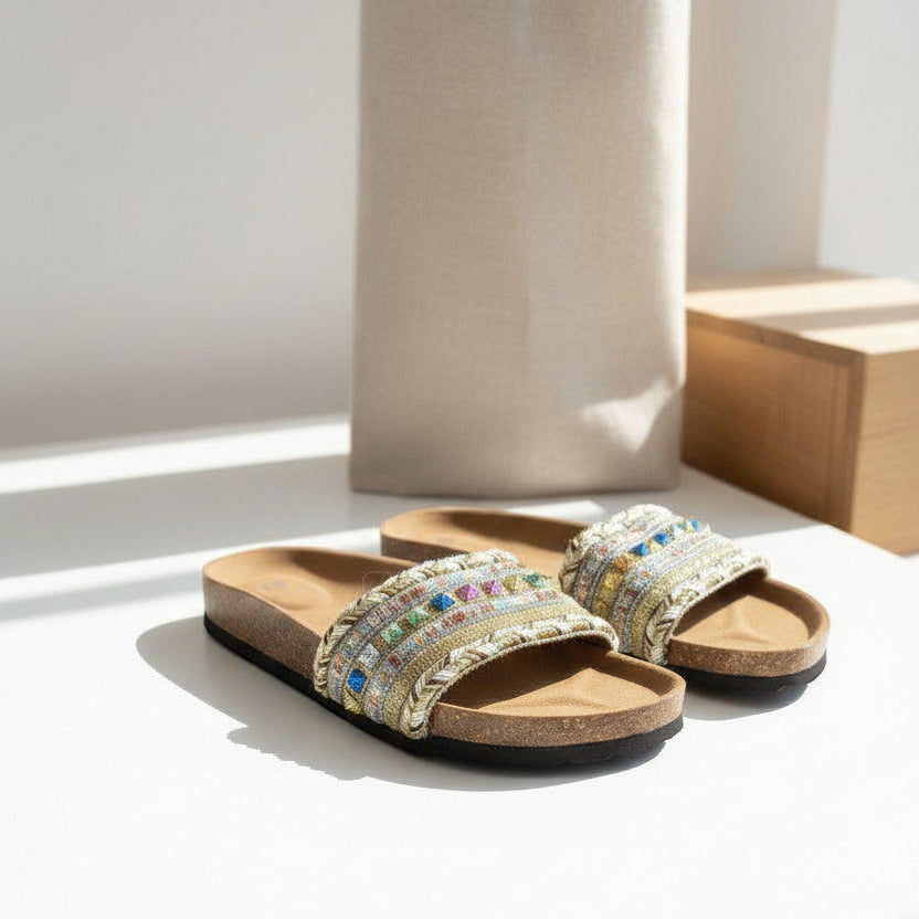 Cork sandals in bright window light, band beaded in blue, pink, green and yellow