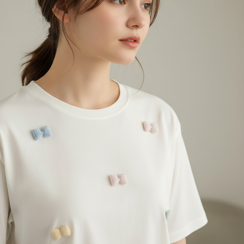 Close view of the pastel bows stitched across a cream tee