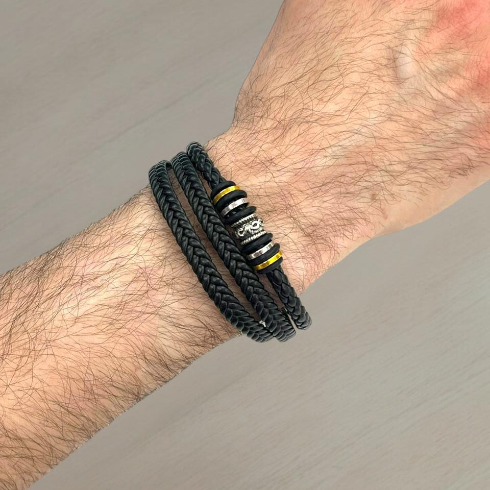 Braided black leather bracelets with a skull bead and gold rings, Jack Gifts Online Lebanon