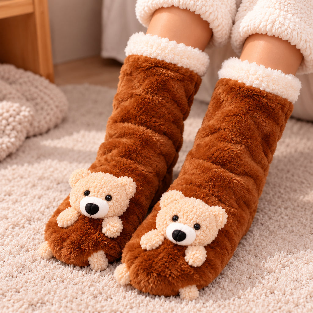 Brown fuzzy socks with a 3D beige teddy bear on each toe and a fluffy cream cuff on a rug