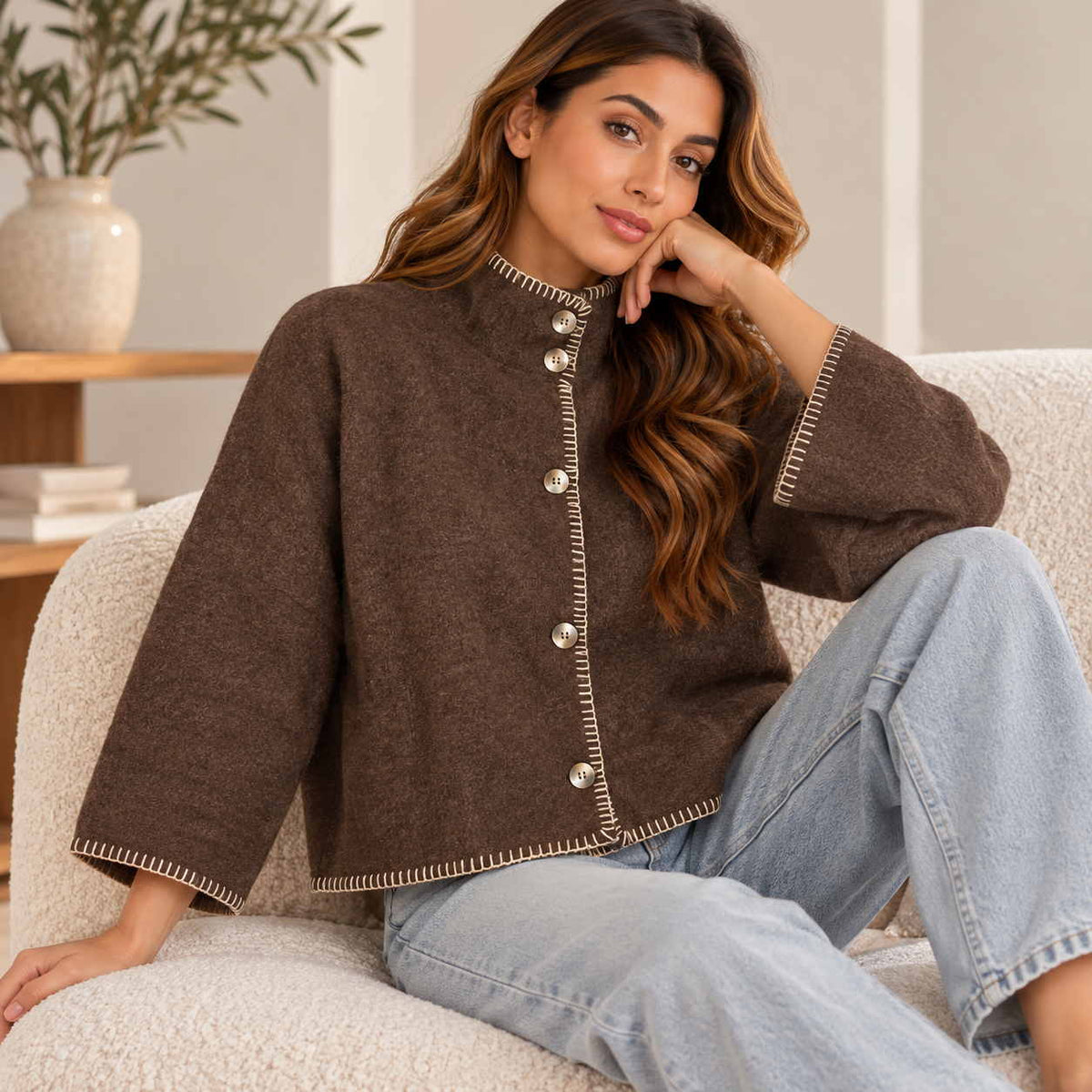 Brown cropped wool cardigan with cream blanket stitch trim and a stand collar, worn on a boucle chair