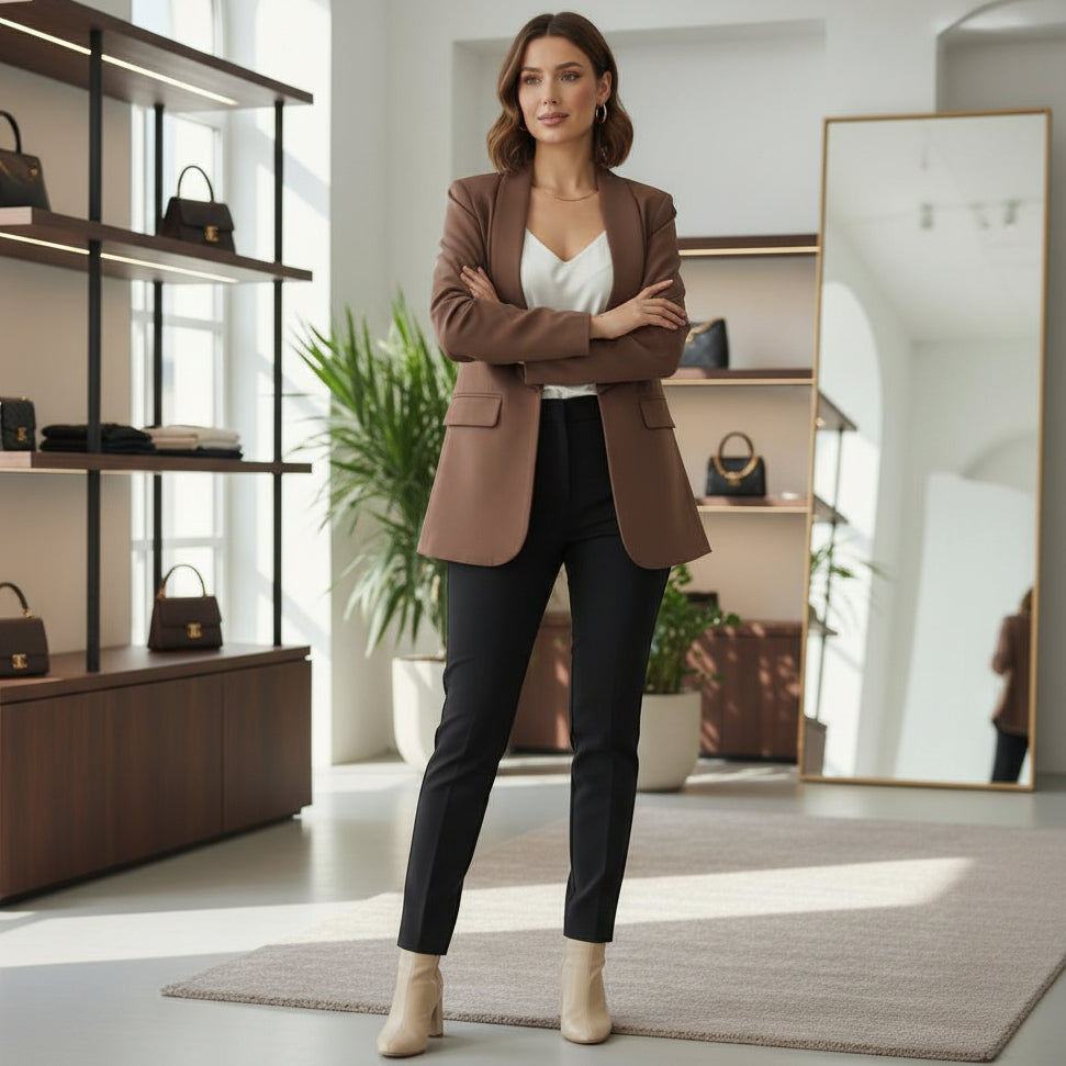 Woman wearing a brown blazer and black pants in an indoor setting with shelves and plants