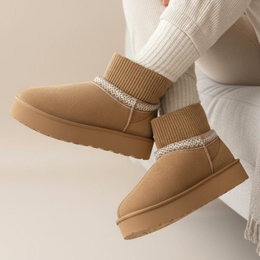 Brown winter boots with patterned trim worn by a person sitting on a couch