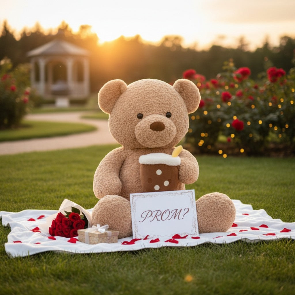 Tan curly teddy bear seated on a picnic blanket with a boba cup plush and roses