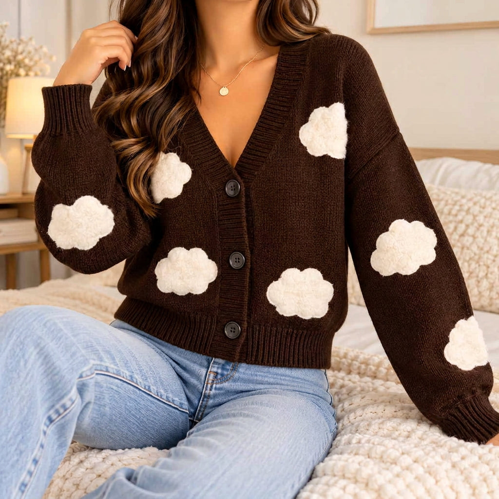 Chocolate brown V neck knit cardigan with fluffy cream cloud patches and button front