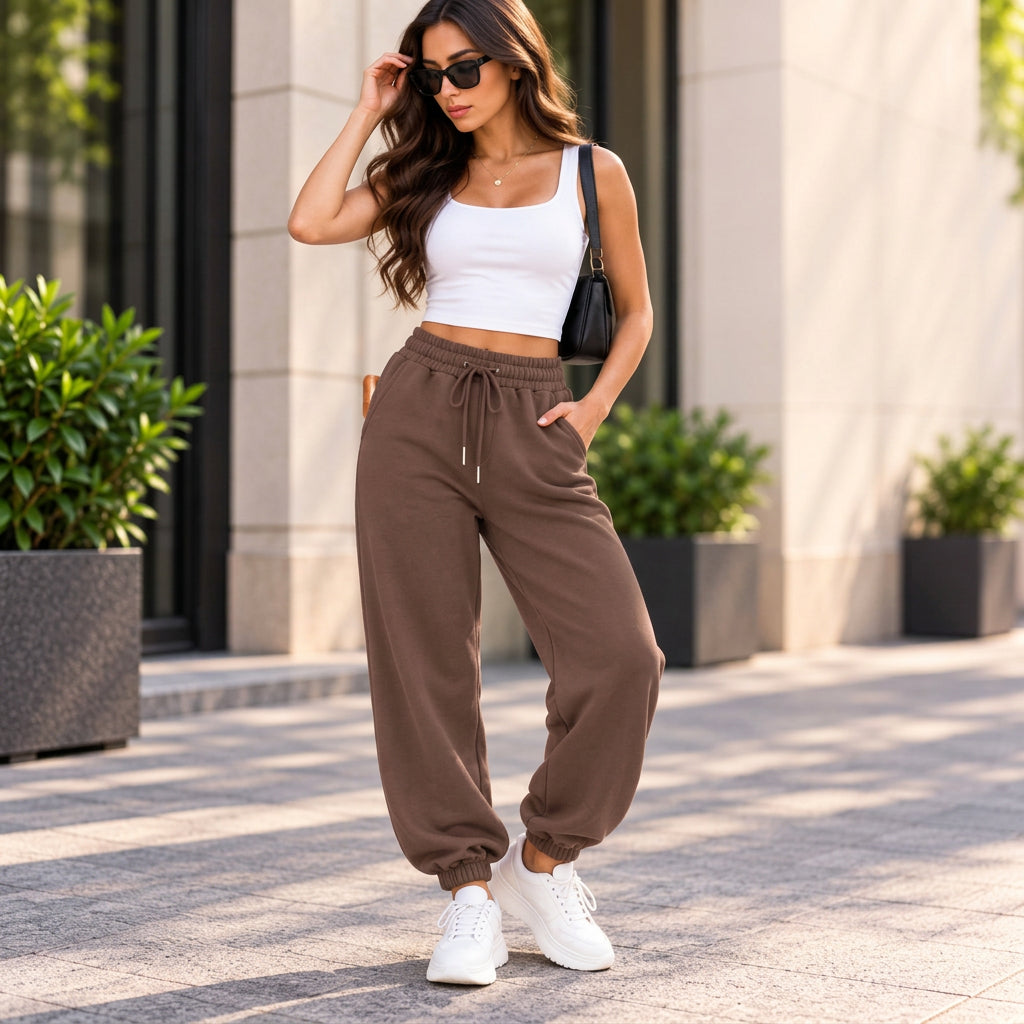 Woman in chocolate brown cuffed joggers with a drawstring waist, a white tank crop top and white sneakers