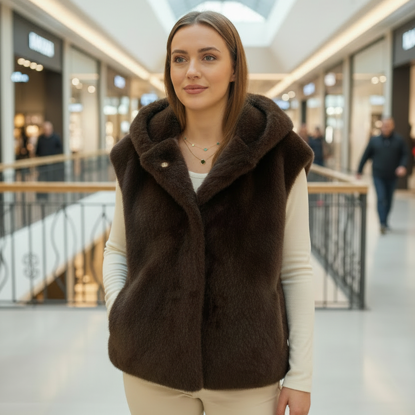 Brown faux fur hooded vest worn on a mall walkway