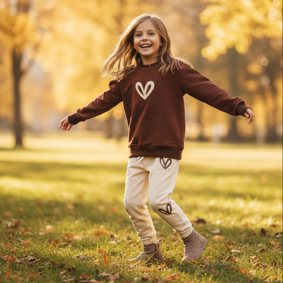 Child running outdoors in the brown and cream heart lounge set