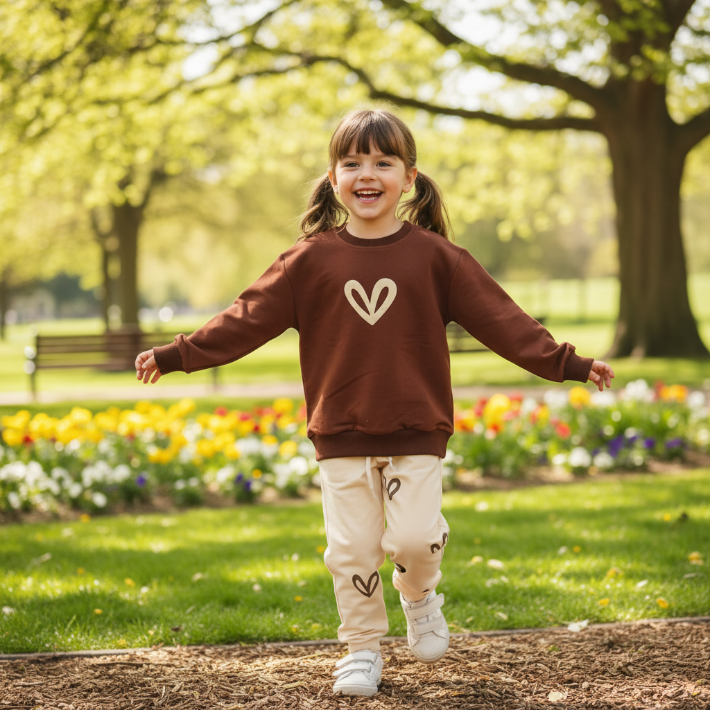 Girl in a brown heart sweatshirt and cream heart print joggers in a park