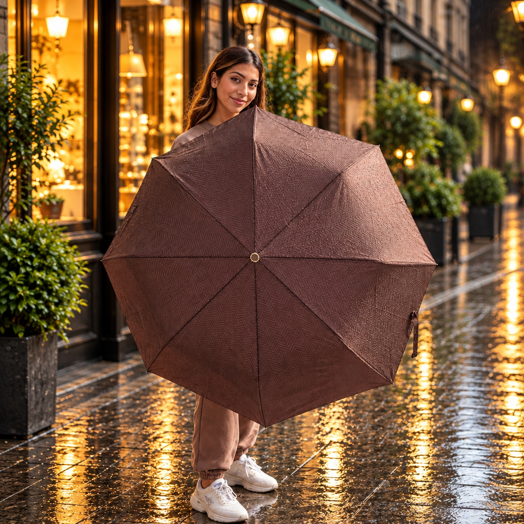 Woman on a rainy pavement holding a brown herringbone folding umbrella open