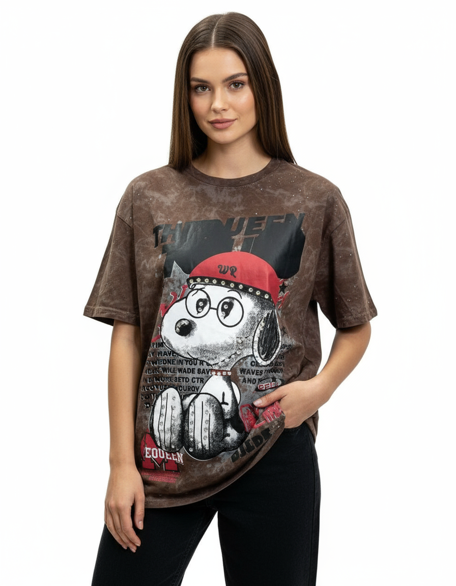 Woman wearing a brown tshirt with a graphic design on a white background