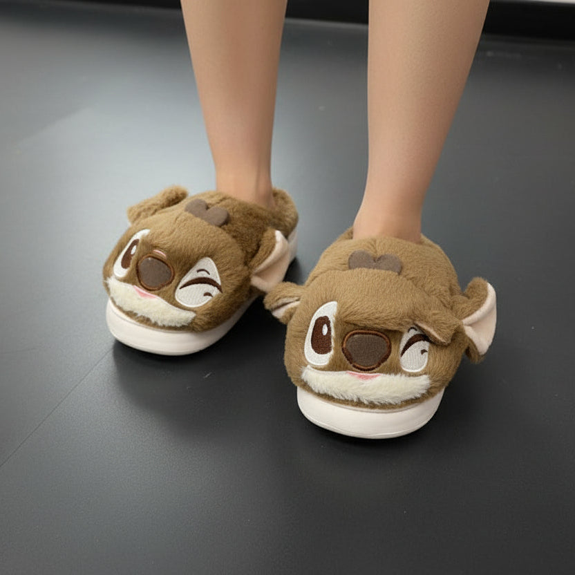 Worn on a dark floor, brown character mules on a thick cream cushioned platform