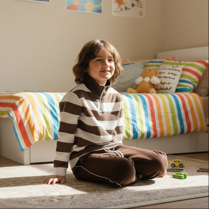 Boy sitting on a rug in a brown and white striped half zip pullover and brown joggers