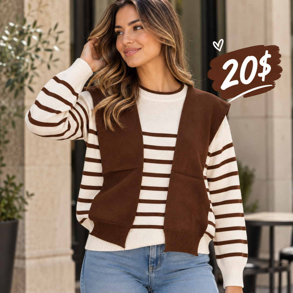 Woman in a cream and brown striped sweater with an attached brown vest layer and blue jeans outside a stone building