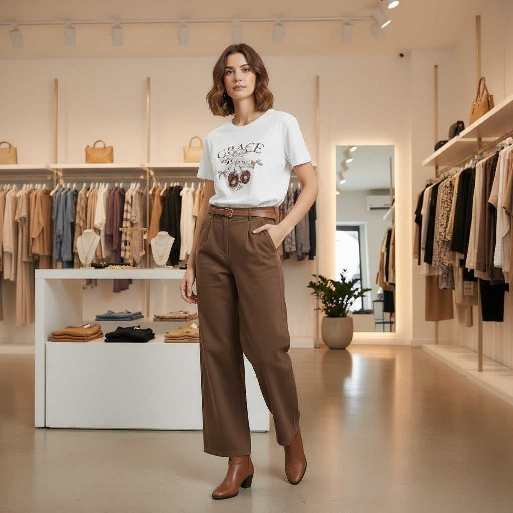Woman in a store wearing a white tshirt with text and graphics, brown pants, and brown shoes