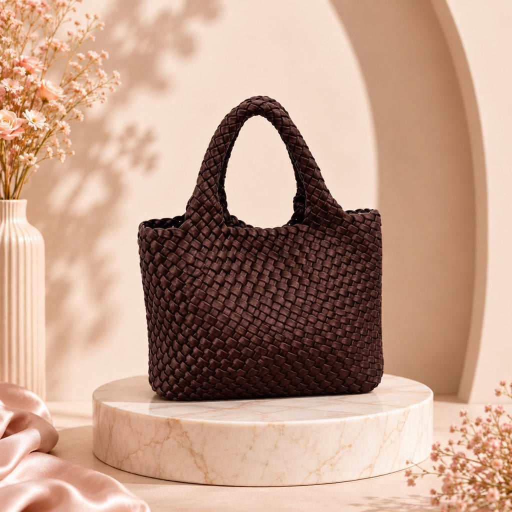 Brown woven handbag on a marble stand with a vase and flowers in the background