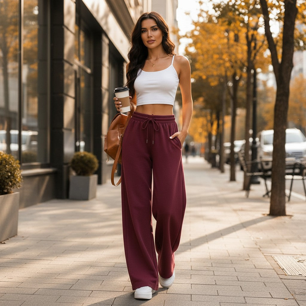 Burgundy wide leg sweatpants worn with a white top on a city street