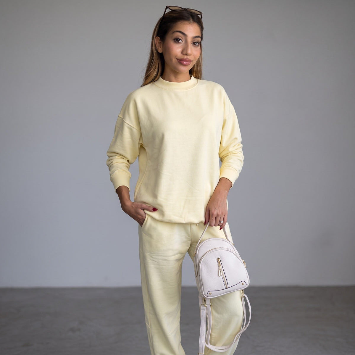 Butter yellow oversized sweatshirt and matching sweatpants, relaxed dropped shoulder fit