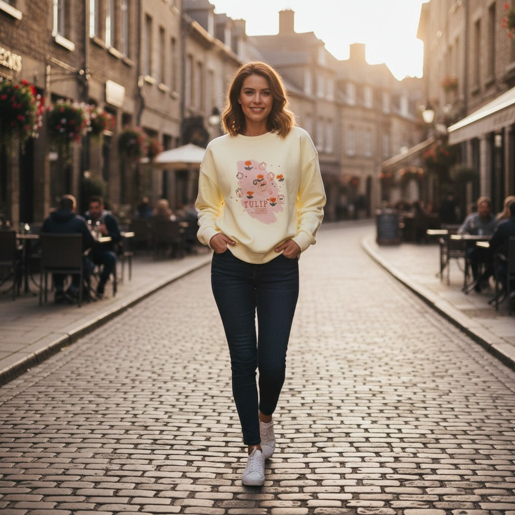 Butter yellow tulip print sweatshirt worn standing on a cobbled cafe street
