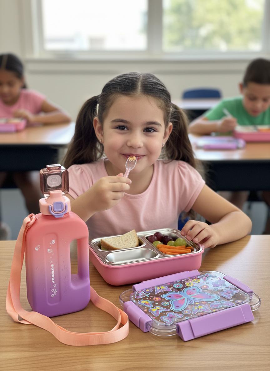 Young girl eating lunch at a desk with a pink and purple water bottle and butterfly lunch box