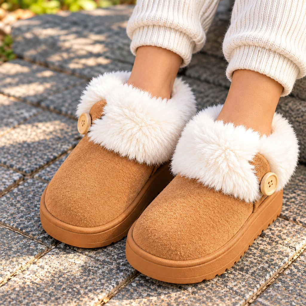 Child wearing camel faux suede slipper boots with a fluffy white cuff and wooden buttons