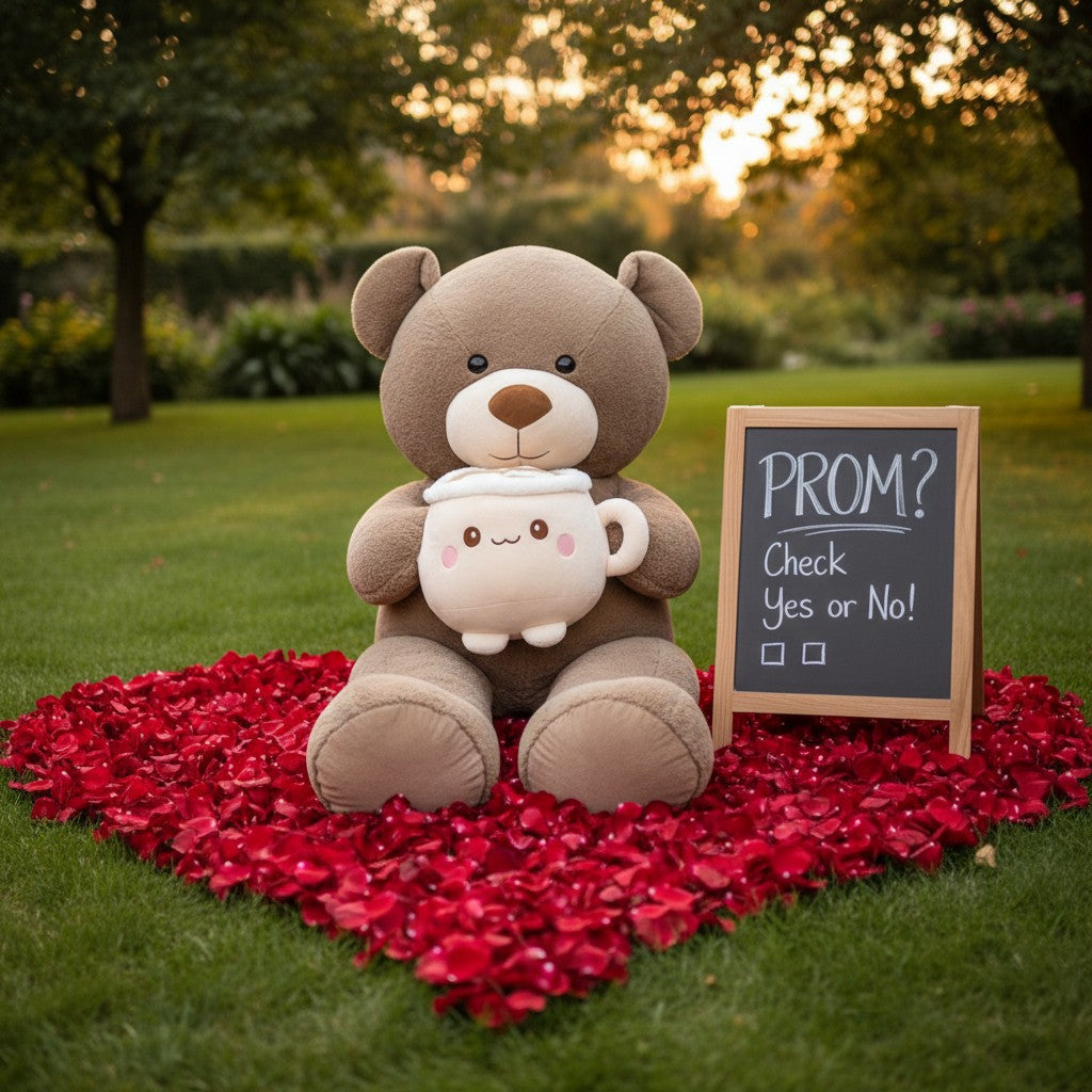 Mocha teddy bear seated outdoors with the latte mug plush in both arms