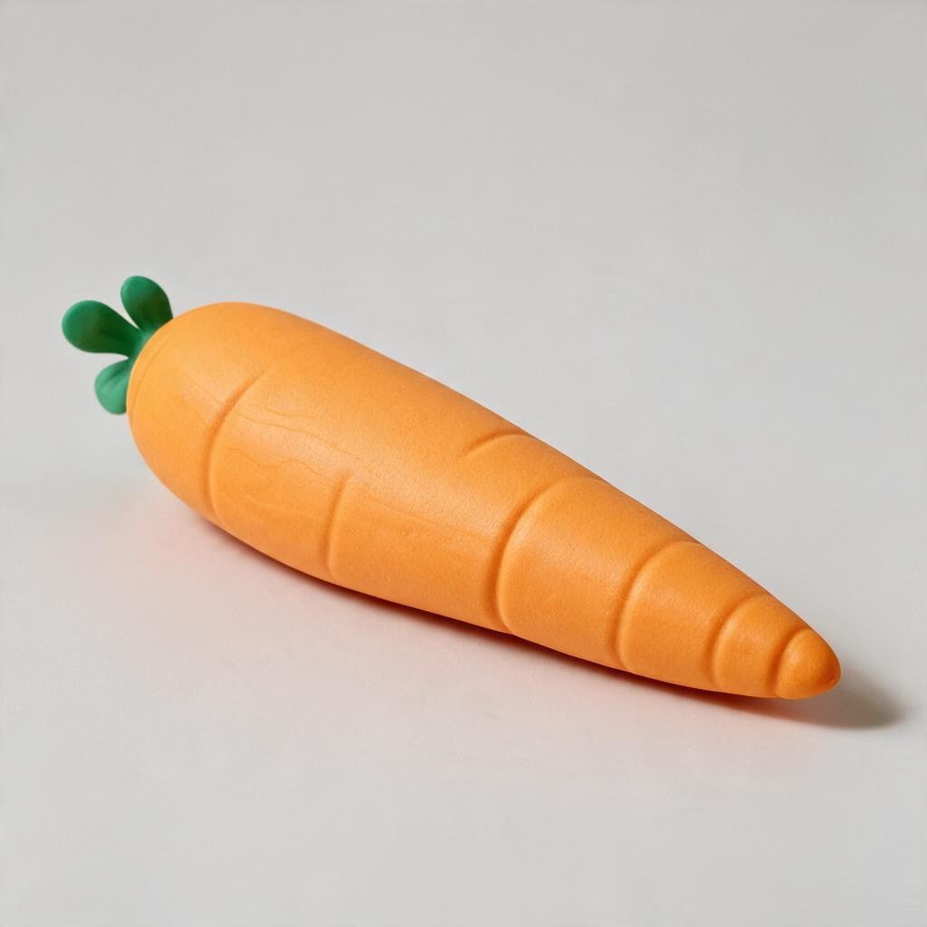 Long orange carrot squishy with ridged lines and a green leafy top