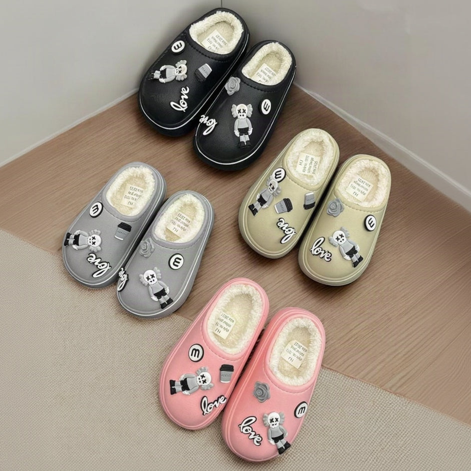 Kids fur lined mule slippers with charm details in four colours
