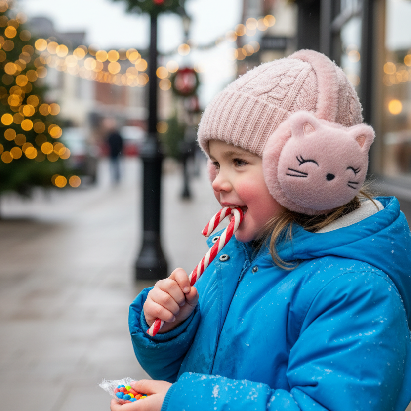 Pale pink cat ear muffs layered over a knitted beanie on a child in a blue coat