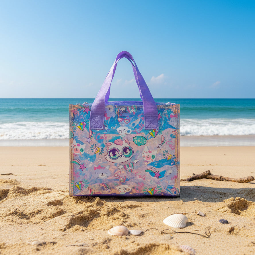 Purple trimmed clear cat print tote resting on sand with seashells and blue sea behind