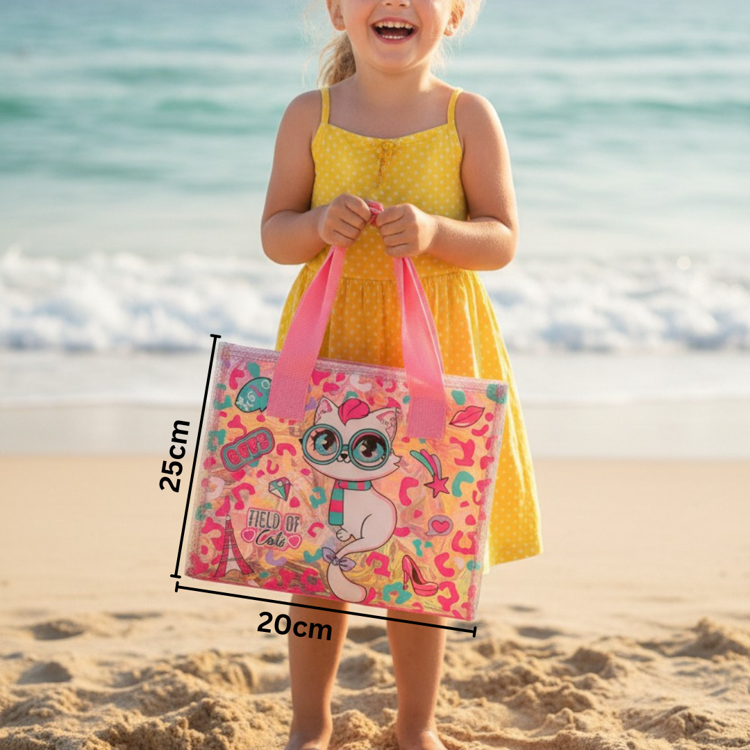 Clear pink kids tote with a white cat in glasses on leopard print, held by a girl on the sand