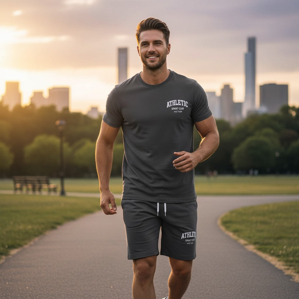 Men's charcoal athletic jogging set, t-shirt and shorts