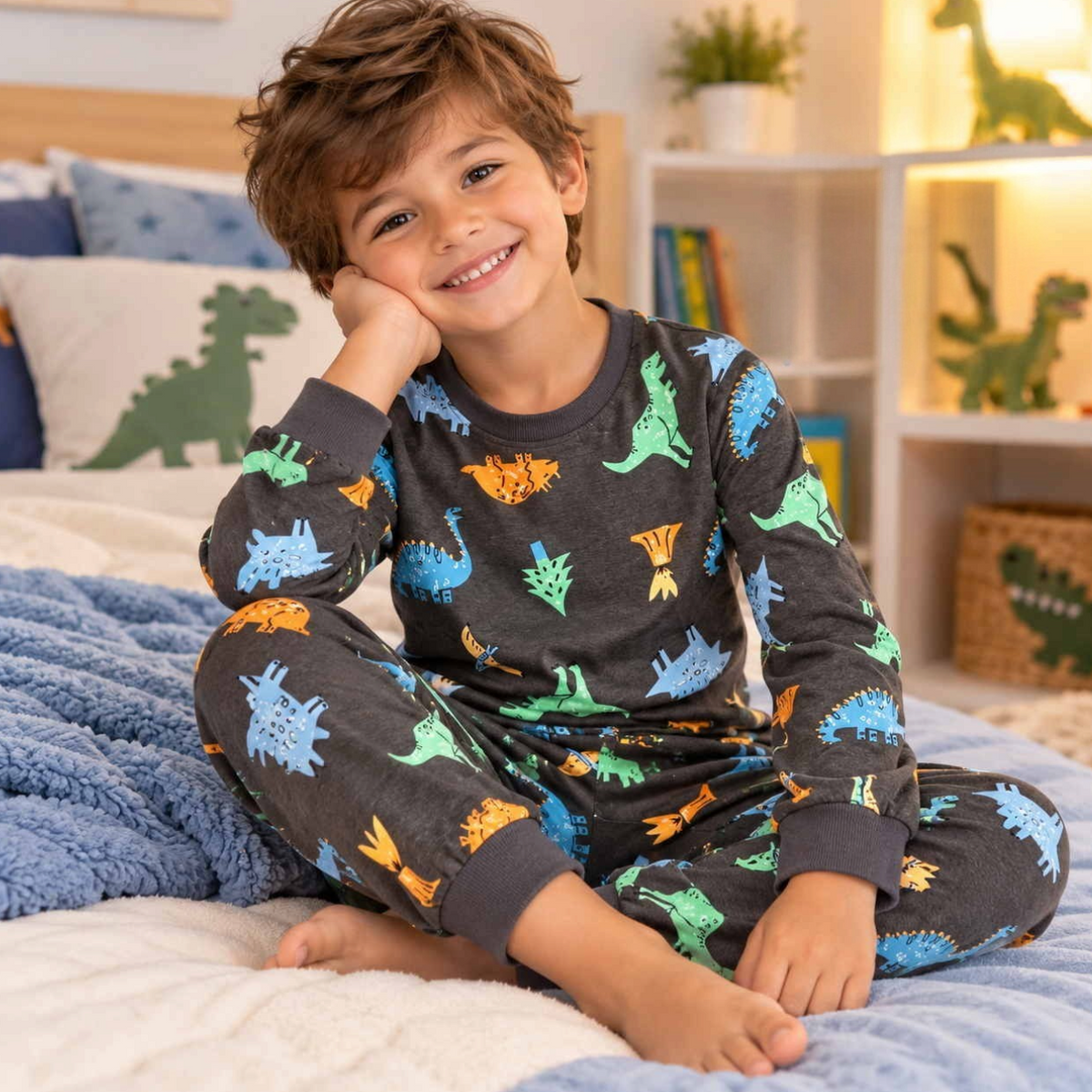 Boy in a charcoal grey PJ set with colourful dinosaur print, sitting on a bed with a blue blanket