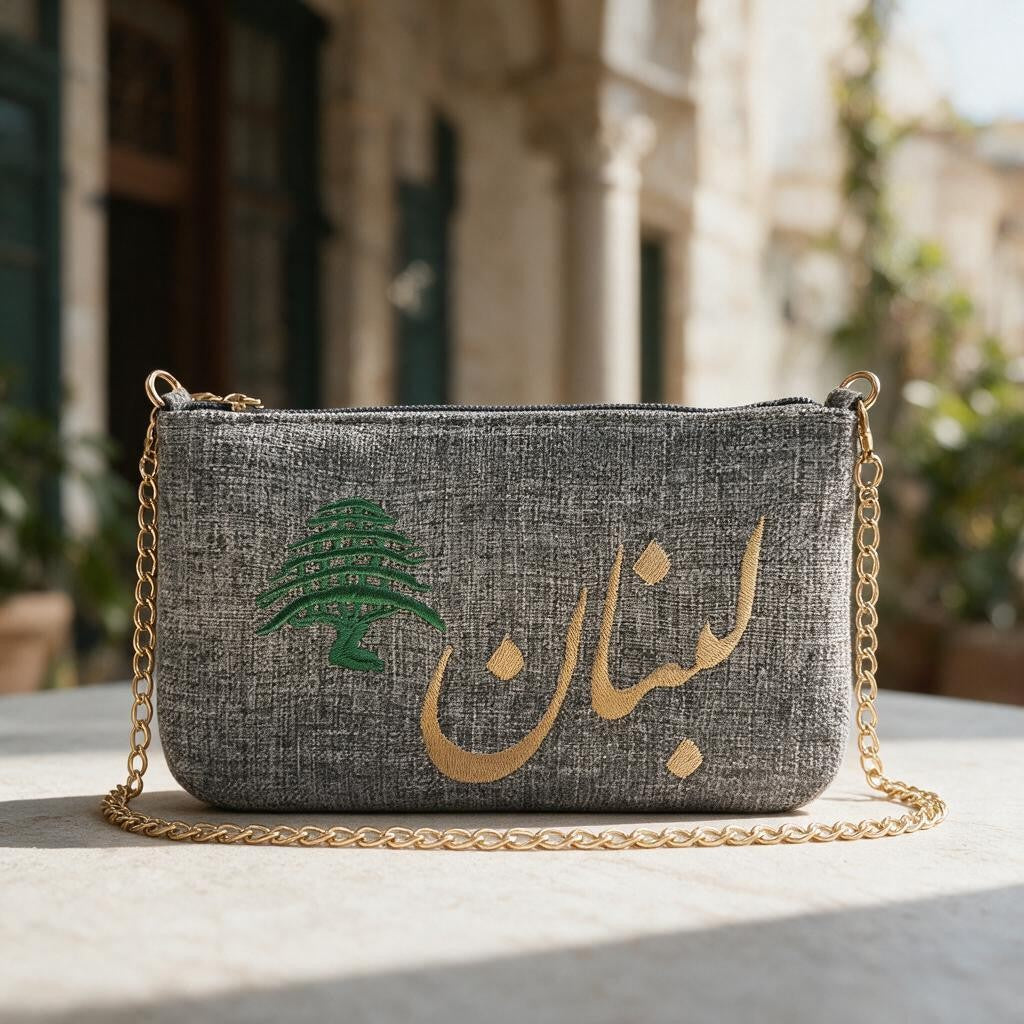 Heathered charcoal grey pouch with Lebanon in gold Arabic and a green cedar, in front of an old house with green shutters