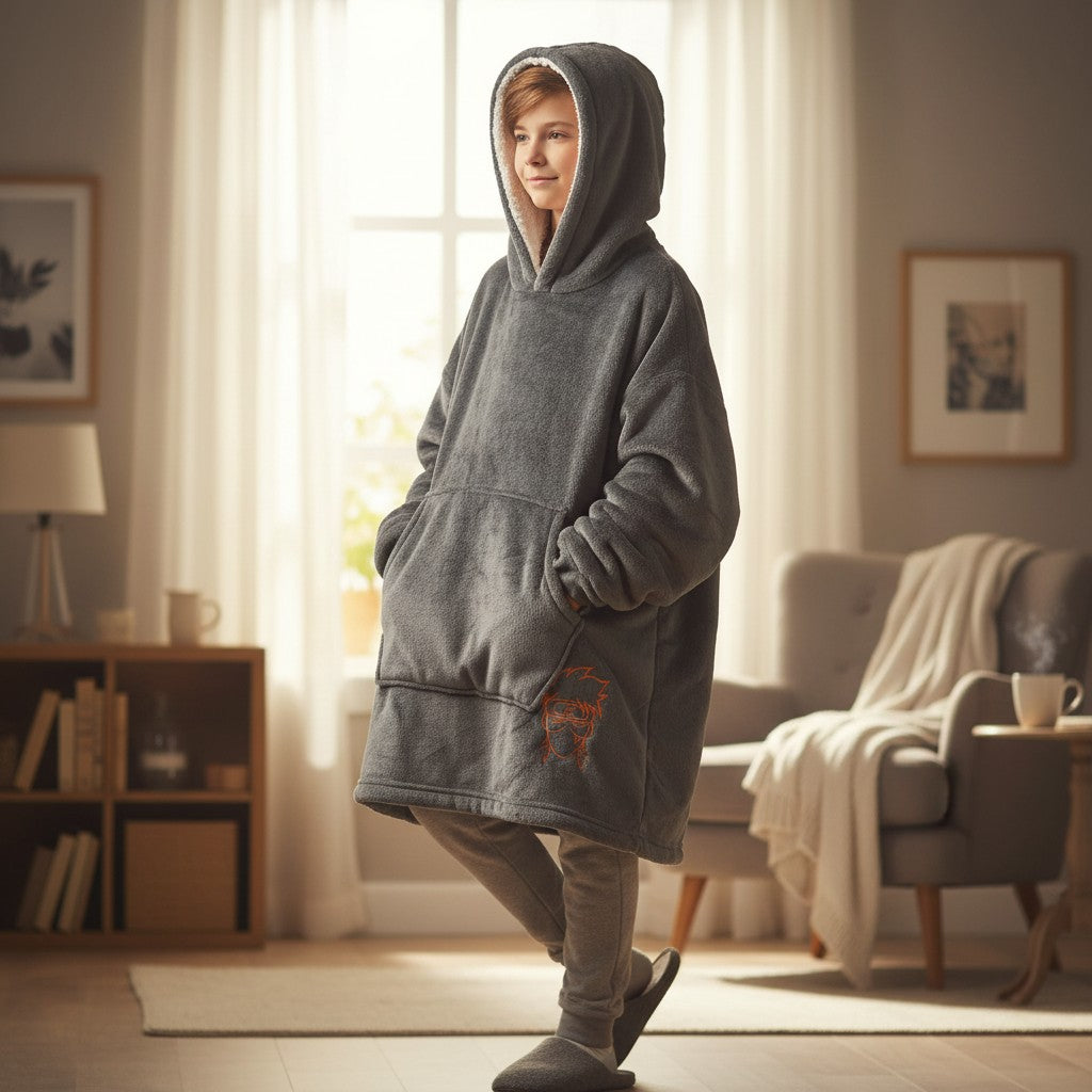 Child wearing a charcoal hooded blanket with the hood up and a pocket motif