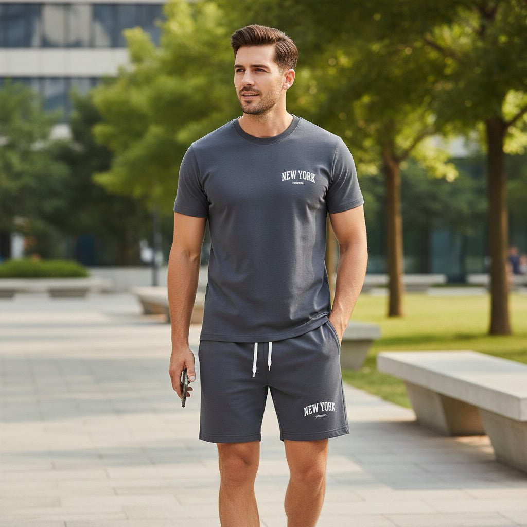 Men's charcoal New York print jogging set, t-shirt and shorts