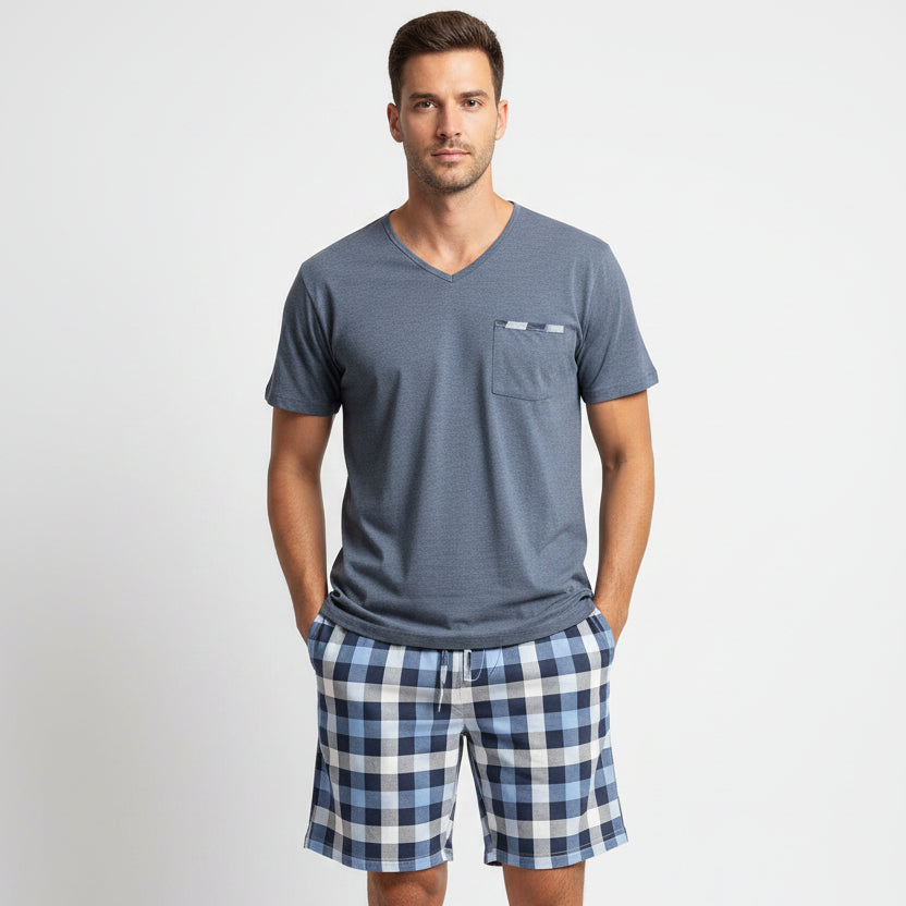 Slate blue V neck tee with a pocket and blue check shorts