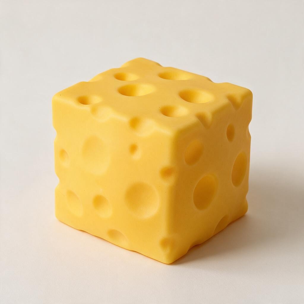 Yellow cheese cube squishy with round holes on every side on a white background