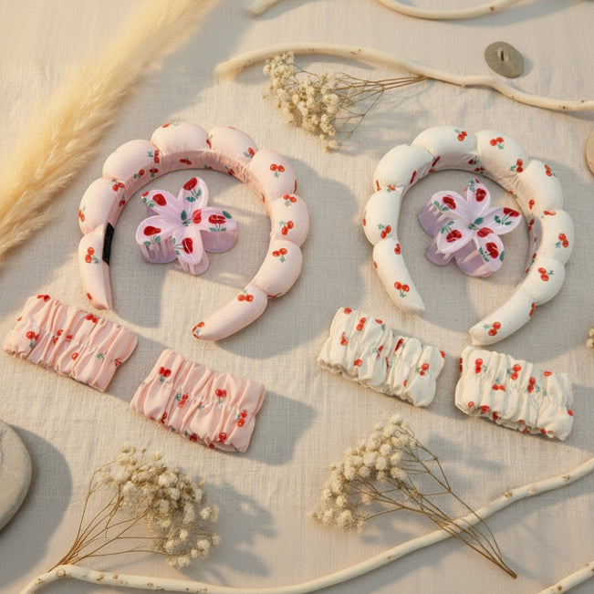 Cherry print padded spa headbands in pink and cream, each with a flower claw clip and two ruched wrist bands