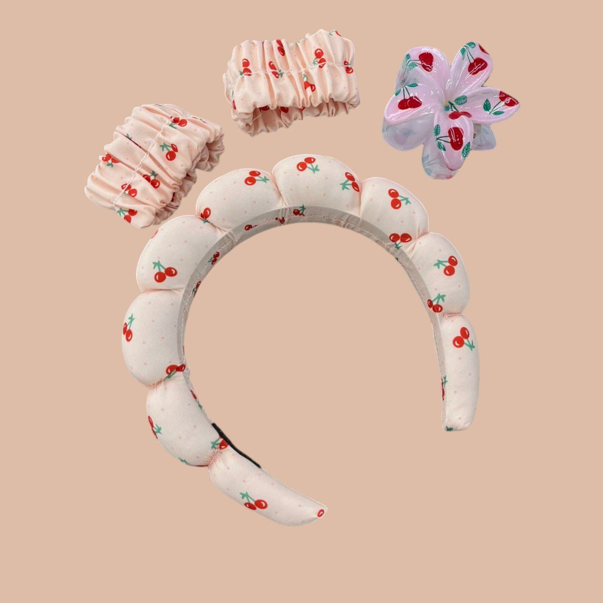 Cherry print spa headband set with two wrist bands and a floral claw clip