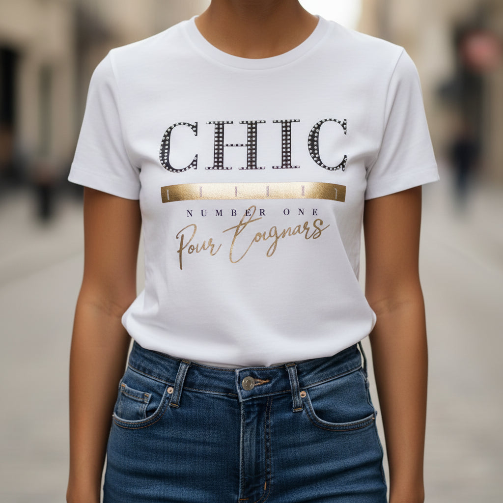 Woman wearing white tshirt with "CHIC" text written in black