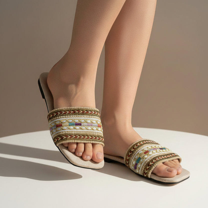 Flat oatmeal slide with an embroidered multicolour band, worn barefoot on a white pedestal
