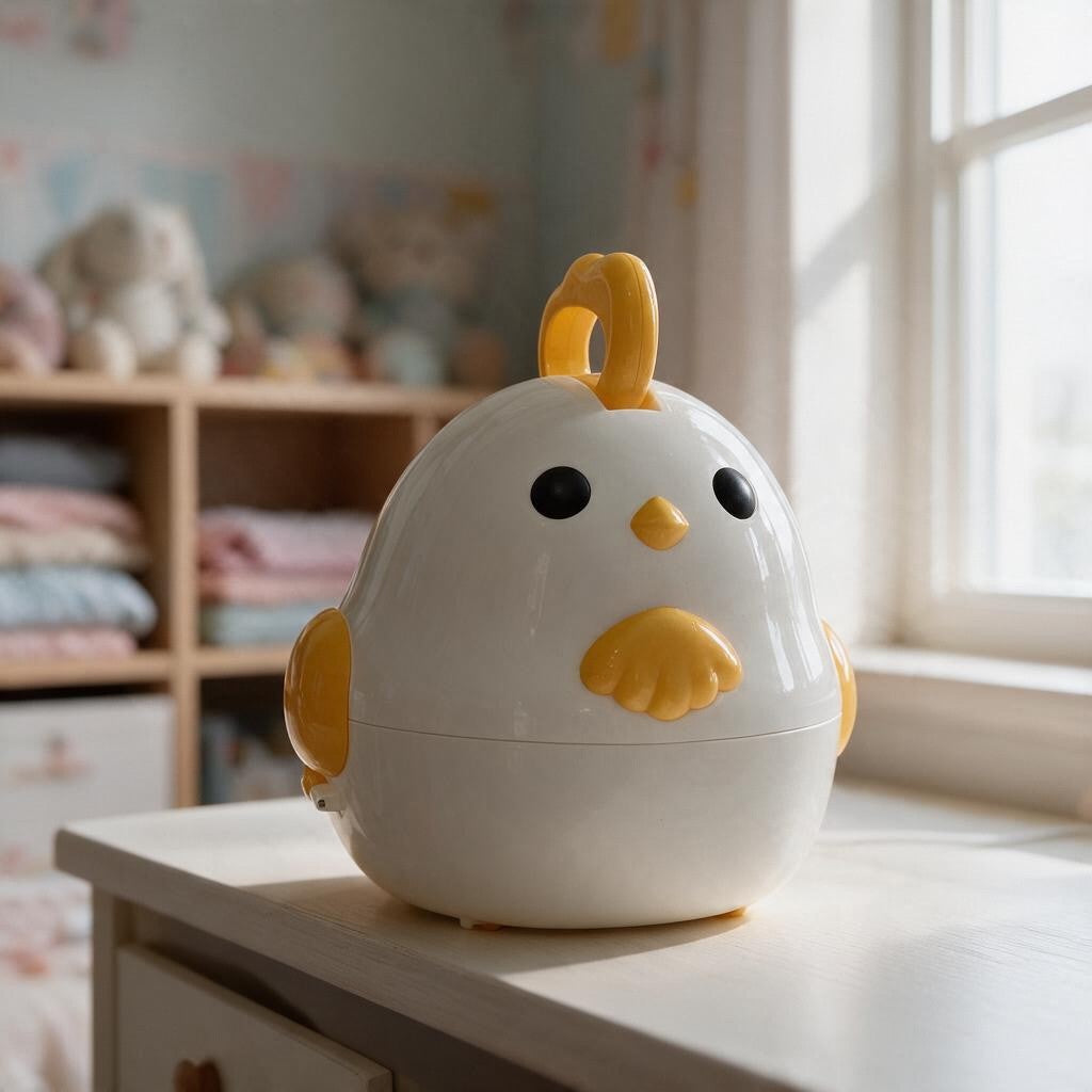Closed white chick toy case with a yellow handle and beak on a shelf by the window