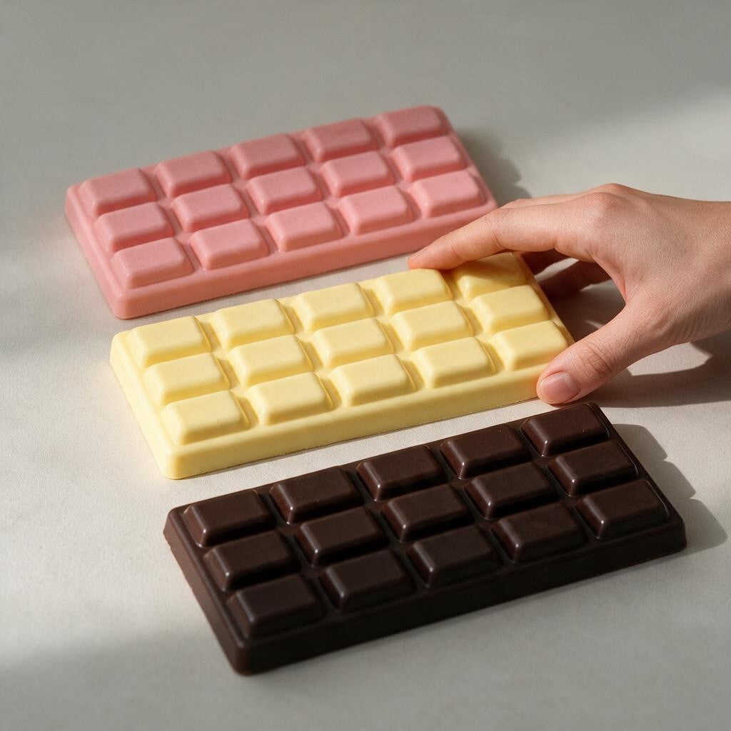 Pink, cream and dark brown chocolate bar squishies lined up, with a hand pressing the cream bar
