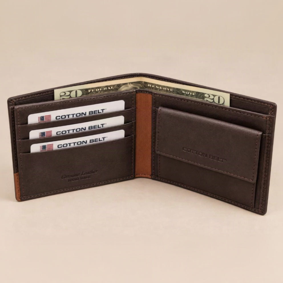 Chocolate brown bifold with a tan spine, flap coin purse and dollar notes behind