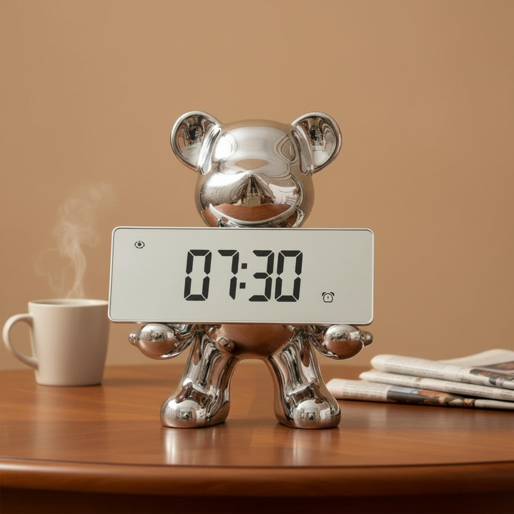 Silver bear-shaped clock with digital display on a wooden surface.