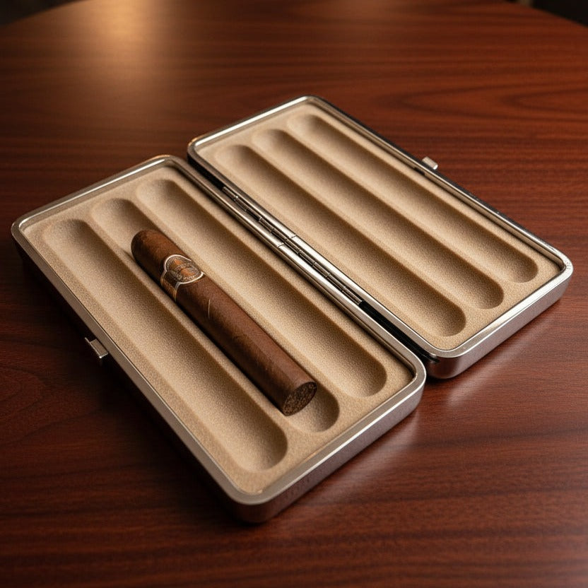 Open cigar case with a single cigar on a wooden surface