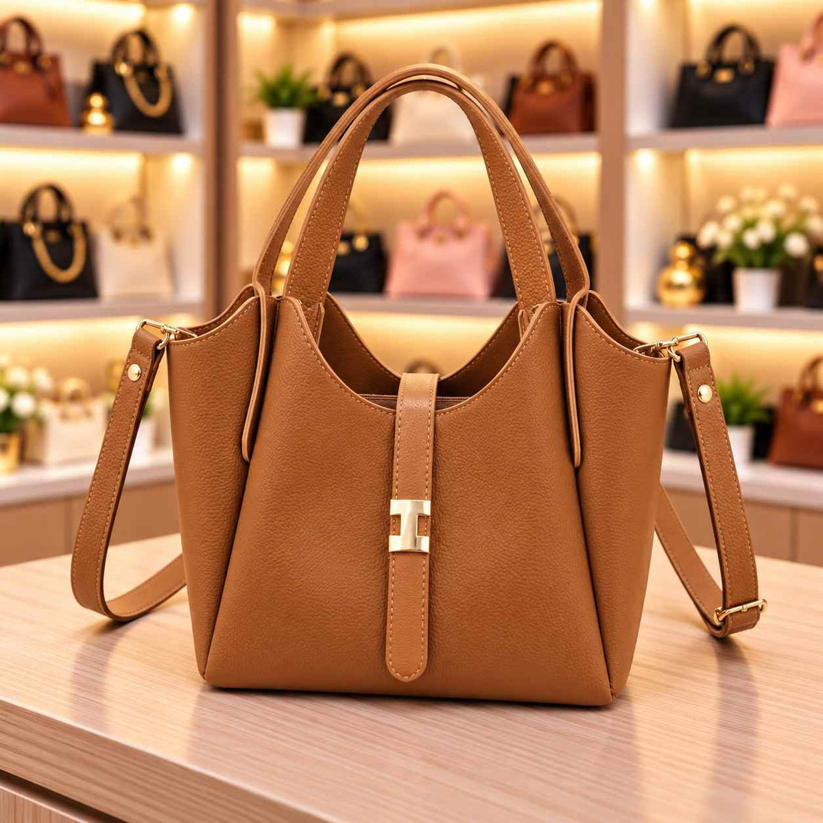 Camel bucket tote with stitched double handles, a gold clasp strap and a long shoulder strap